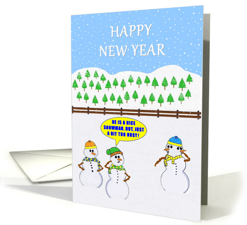 Happy New Year. Three Snowmen in a Field. One has two faces. card