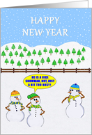 Happy New Year. Three Snowmen in a Field. One has two faces. card