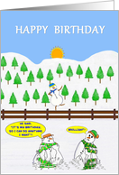 Happy Birthday. A Snowmen celebrates its Birthday dancing on a fence. card
