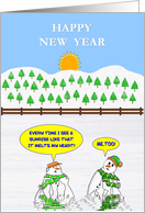 Happy New Year. Two Snowmen admire the rising sun as they melt away. card