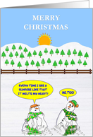 Merry Christmas. Two Snowmen admire the rising sun as they melt away. card