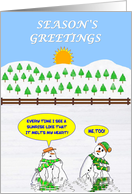 Season’s Greetings.Snowmen admire the rising sun as they melt away. card