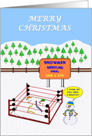 Merry Christmas. Two Snowmen wrestling. It can ony end in disaster. card