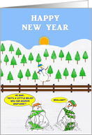 Happy New Year. A happy Snowman dancing on a fence, as others melt. card