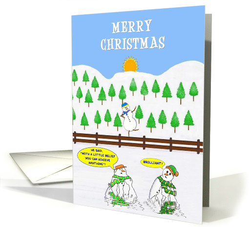 Merry Christmas. A happy Snowman dancing on a fence, as... (1419194)