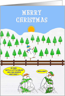 Merry Christmas. A happy Snowman dancing on a fence, as others melt. card