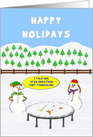 Happy Holidays. A Snowman has a try of a Trampoline. What a disaster. card