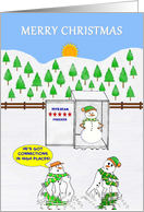 MERRY CHRISTMAS. Snowman preserved in a Freezer, while friends melt. card