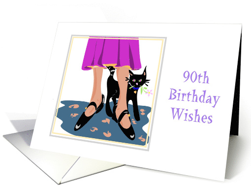 Ninetieth Birthday Wishes Black Cat with Pink Daisy card (621880)