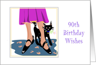 Ninetieth Birthday Wishes Black Cat with Pink Daisy card
