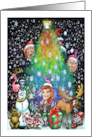 Rainbow Christmas Tree with Elves and Presents and Toys. card