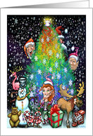 Rainbow Christmas Tree with Elves and Presents and Toys. card