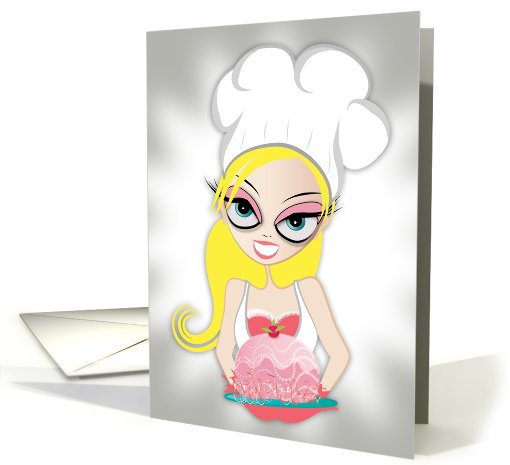 Blond chef girl holding a cake card (816140)