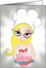 Blond chef girl holding a cake card