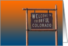 welcome to colorful colorado sign (bronco sunset) card