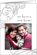 we have a new home announcement : white flourishes card