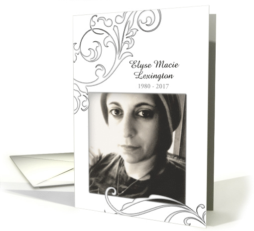 memorial / funeral service announcement : white flourishes card