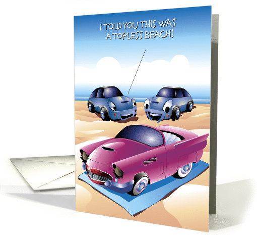 Cartoon Girl Car, Vintage T-Bird, at Topless Beach, Blank Note card