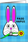 Welsh Easter Pasg Hapus with Bunny Holding a Flower in Its Mouth card