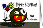 Birthday for Andrew with Wacky Monster and Balloons card