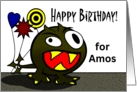 Birthday for Amos with Wacky Monster and Balloons card