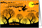 For the Twins Halloween Custom Front Text with Flying Witch and Cats card