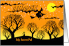 For Secret Pal Halloween Custom Front Text with Flying Witch and Cat card