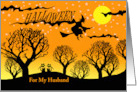 For Husband Halloween Custom Front Text with Witch and Cat Couple card