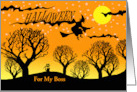 For Boss Halloween Custom Text with Cat and Witch in Flight card