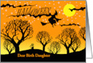 For Birth Daughter Halloween Custom Text with Cat on Hill and Witch card