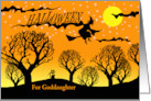 For Goddaughter Halloween Custom Text with Cat and Flying Witch card