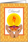 Diwali Hands Holding a Diya with Flame and Paisley Pattern card