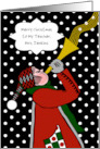 Custom Christmas for Teacher with Trumpet and Snow Storm card