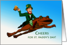 St Patricks Day Cheers Leprechaun on a Frog Holding a Beer card