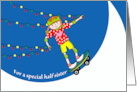 Half Sister Christmas with Skateboarder and Colorful String Lights card