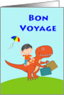 Bon Voyage for Child Boy Flying a Kite and Riding a Dinosaur card