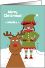 Christmas for Electrologist with Dark Skin Toned Female Elf and Deer card