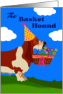 Birthday with Cute Basket Basset Hound in Party Hat Holding Flowers card