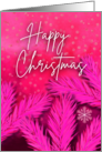 Happy Christmas Snow Scene in Pinks with Pine Tree Branches card