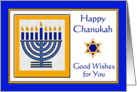Happy Chanukah with Menorah with Blue Candles and Yellow Flames card