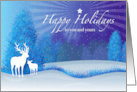 Happy Holidays with Buck and Fawn at Night in the Snow card