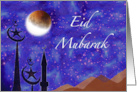 Eid Mubarak with Stars and Crescent Moon Over Minarets card