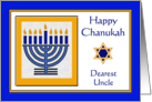 Uncle Chanukah with Menorah in Blue and Yellow Gold card