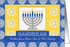 Son and His Family Hanukkah Custom Front Text with Menorah card