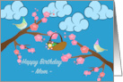 Mom Birthday with Flowering Cherry Tree and Birds in Party Hats card