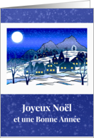 French Christmas Joyeux Noel with Snowy Village in Blue card