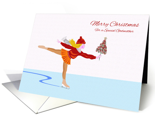 Merry Christmas for Godmother with Ice Skater and Christmas Tree card