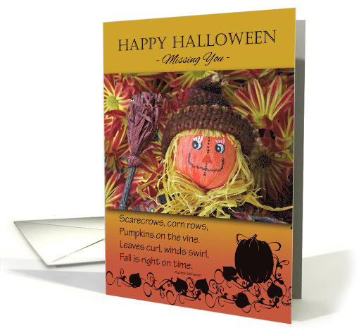 Missing You on Halloween with Cute Scarecrow and Fall Poem card