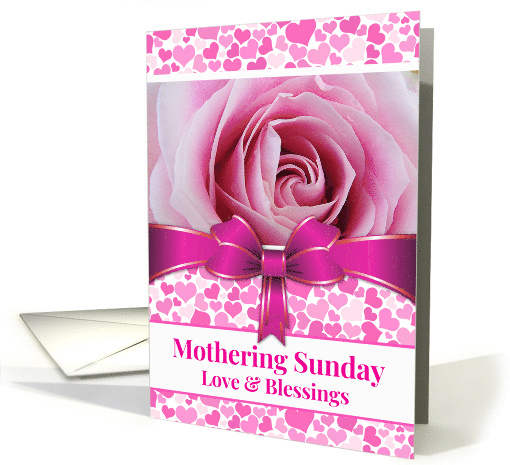 Mothering Sunday Rose Colored Hearts and Rose with Ribbon card
