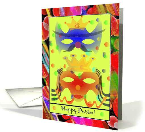 Happy Purim with Bright Colorful Royalty Masks in Vibrant Frame card